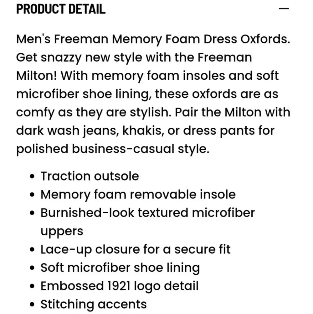 Freeman Mens Milton Memory Foam Dress Oxford 10.5 W